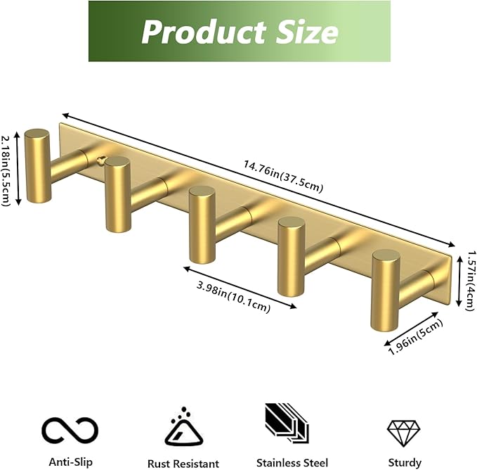 Wall Mounted Coat Rack-5 Hooks, Heavy Duty Stainless Steel Hook Rail for Towel Coat Hat Purse Bag Jacket, Towel Hooks for Entryway Bathroom Kitchen (Gold 5 Hooks - 1 Pack)