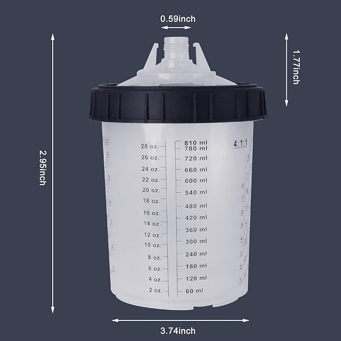 Disposable Paint Cups for Automotive Paint Gun, HVLP Paint Spray Gun 27 Ounce (800ml) Kit with 50 Cups and Lids Systerm, 1 Hard Cup with Retainer Ring and 10 Plugs