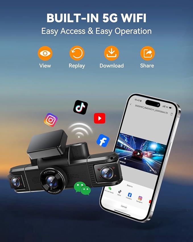 4 Channel Dash Cam 360° View, Front and Rear Inside Left Right, 2K Dash Camera for Cars, Built-in 5G WiFi & APP Control, Night Vision, G-Sensor, 24/7 Recording Parking Mode, with 64GB SD Card
