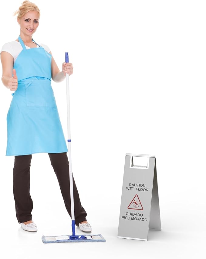 Stainless Steel Wet Floor Sign 2 Pack, 24 Inch Double-Sided Foldable Caution Sign with Handle, 8.8 lb Bilingual Warning for Restaurant, Office, Commercial Cleaning Use, Silver