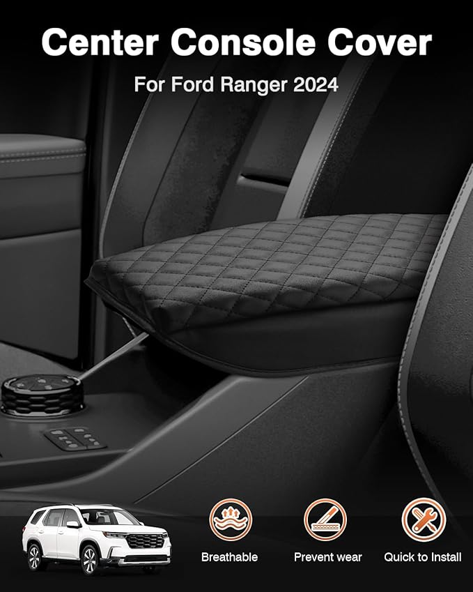 Shademax Center Console Cover for Ford Ranger 2024 2025 2026 Accessories, Ranger Armrest Cover Cushion Pad Middle Console Cover Armrest Seat Box Protector PU Leather Anti-Scratch Black