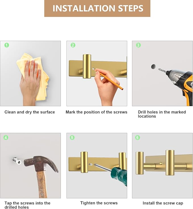 Wall Mounted Coat Rack-5 Hooks, Heavy Duty Stainless Steel Hook Rail for Towel Coat Hat Purse Bag Jacket, Towel Hooks for Entryway Bathroom Kitchen (Gold 5 Hooks - 1 Pack)