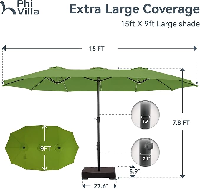 PHI VILLA 15ft Large Patio Umbrellas with Base, Outdoor Double-Sided Rectangle Market Umbrella for Pool Lawn Garden, Lime Green