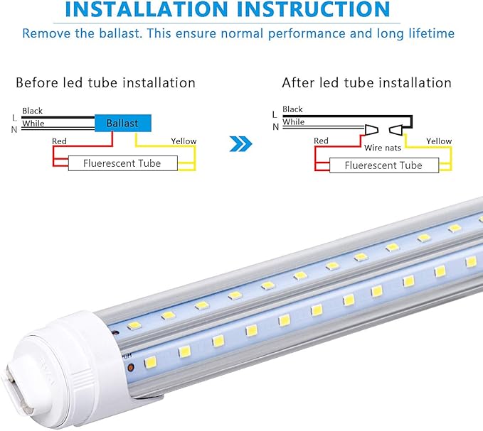 12 Pack, R17D/HO 8FT LED Bulbs - Rotate V Shape, 6000K Cold White 100W, 15000LM, 200W Equivalent F96T12/DW/HO, Clear Cover, T8/T10/T12 Replacement, Dual-End Powered, Ballast Bypass