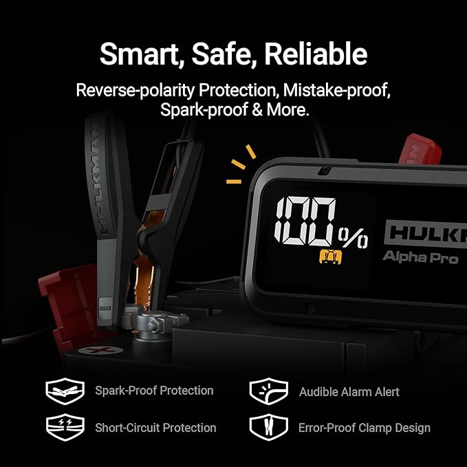 Hulkman Alpha Pro Solid Black, 2000A 74Wh Car Jump Starter Portable, High-Capacity Battery Booster & Jumper Cables, 3.3" Display Jump Box, PD65W in&Out, 12V Battery Pack for 8.5L Gas/6.0L Diesel