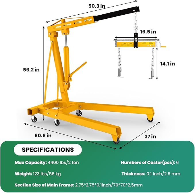 Engine Lift with Load Leveler,2T Heavy Duty Alloy Steel Folding Cherry Picker Engine Lift,Cherry Picker Workshop Crane,8Ton Hydraulic Engine Crane,Engine Lift for Workshop Warehouse Garage (Yellow)