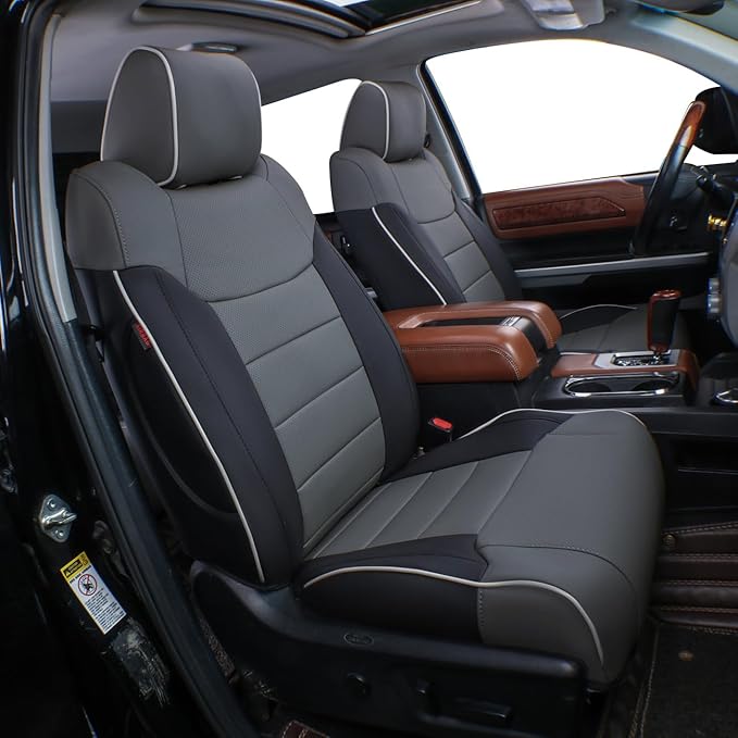 EKR Custom Fit Tacoma Leather Car Seat Covers for Select Toyota Tacoma 2012 2013 2014 2015 (TRD Sport Seats)- Full Set, Leathere (Black/Gray)