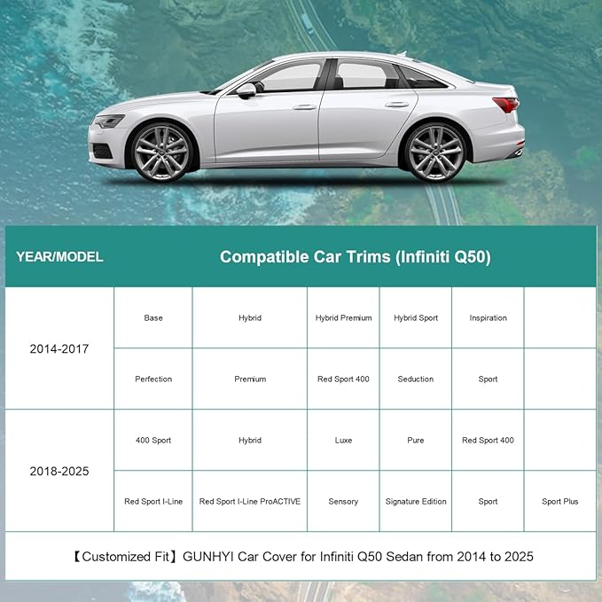Premium Car Cover Custom Fit Infiniti Q50 Sedan (2013-2025), 16 Layers Heavy Duty Car Cover Waterproof All Weather with Zipper Door for Sun Rain Snow Dust Uv Protection