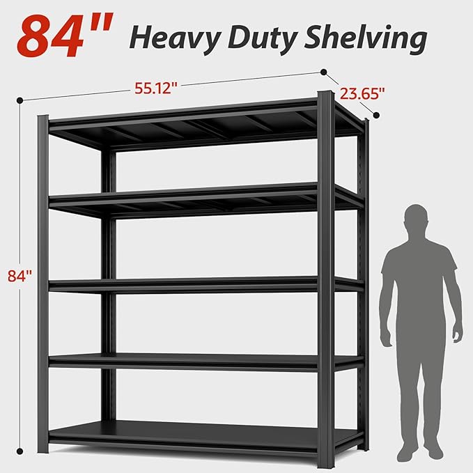 84" H x 55.12" W 5 Tier Metal Garage Shelves, 3000 LBS Heavy Duty Adjustable Storage Shelving Unit for Warehouse, Basement, Kitchen, Store Display, Flower Stand, Office, Classroom, 23.62" D