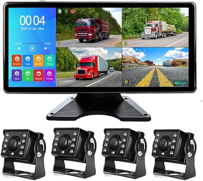 4K RV Backup Camera, 10.36" Touch Screen Monitor for Truck/Van/Trailer DVR Recording with Bluetooth FM MP5 IP69 Waterproof 1080P IR Night Vision Rear Side View Camera