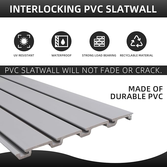 Slatwall Panel Garage Organizer Heavy Duty Wall Mounted, PVC Slat Panels Home Storage System, Tool Organization Peg Board 4ft by 2ft (Gray)