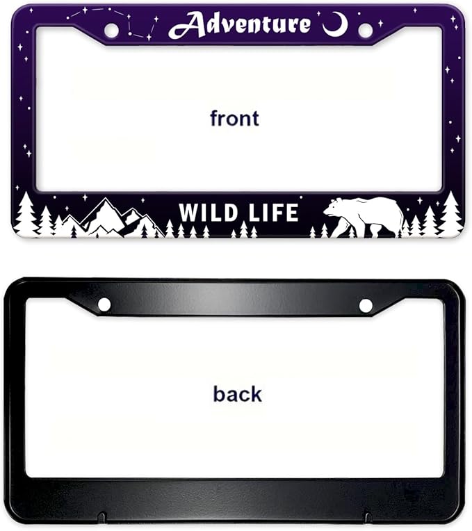 Adventure Awaist License Plate Frame, Mountains Forest Bear Tag Plate Frame Holder Cover, Metal Aluminum Rustproof Car Accessories with Screw Caps, Great Gift for Hiking Outdoor Sports Enthusiasts