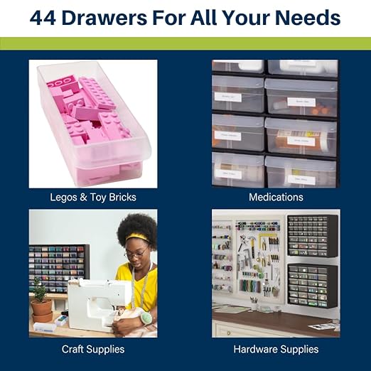 Akro-Mils 44-Drawer Plastic Drawer Storage Cabinet for Garage Organization, Bead Organizer, Building Bricks Storage, Teacher Toolbox, Makeup Organizer, 20-Inch W x 6-Inch D x 16-Inch H, 10144 Black