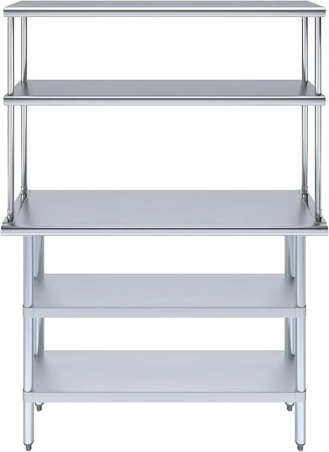 Amgood Stainless Steel Work Table with 2 Shelves | Metal Kitchen Prep Table & Shelving Combo (14" x 48" Table with 2 Shelves + 12" Overshelf)