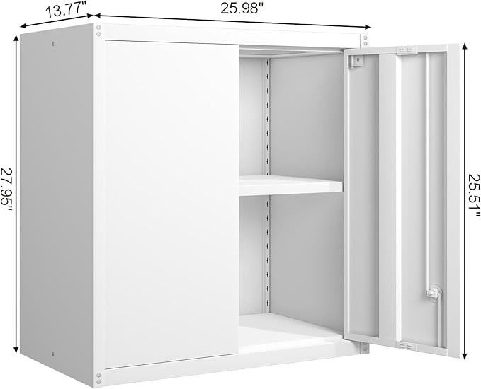 GREATMEET Metal Wall Cabinet, Wall Mounted Storage Cabinet with Lock for Garage Storage, White Floating Cabinet with Doors and Adjustable Shelf for Utility Room