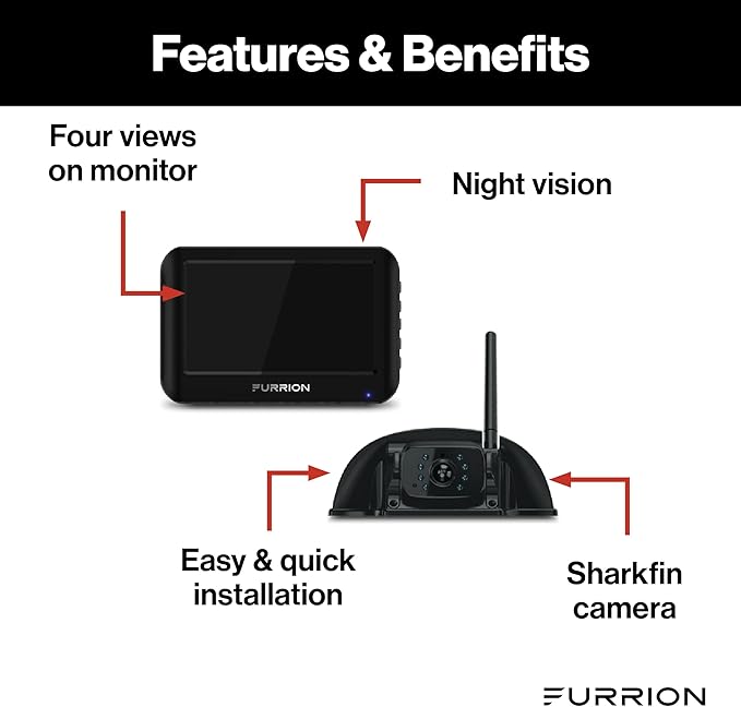 Furrion Vision S Wireless RV Backup Camera System with 4.3-Inch Monitor, 1 Rear Sharkfin, Infrared Night Vision, Wide-Angle View, Hi-Res, IP65 Waterproof, Motion Detection, Microphone - FOS43TASF