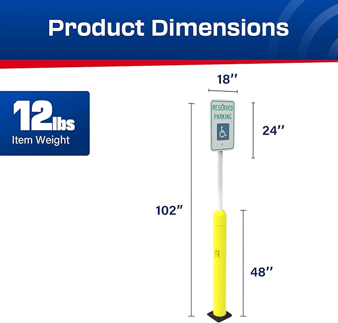 Impact Recovery - Sta-Rite Flexible Sign Post - Sign Holder - Handicap Parking Signs - Made in the USA - 102” with Yellow Bollard - Reserved Parking Signage