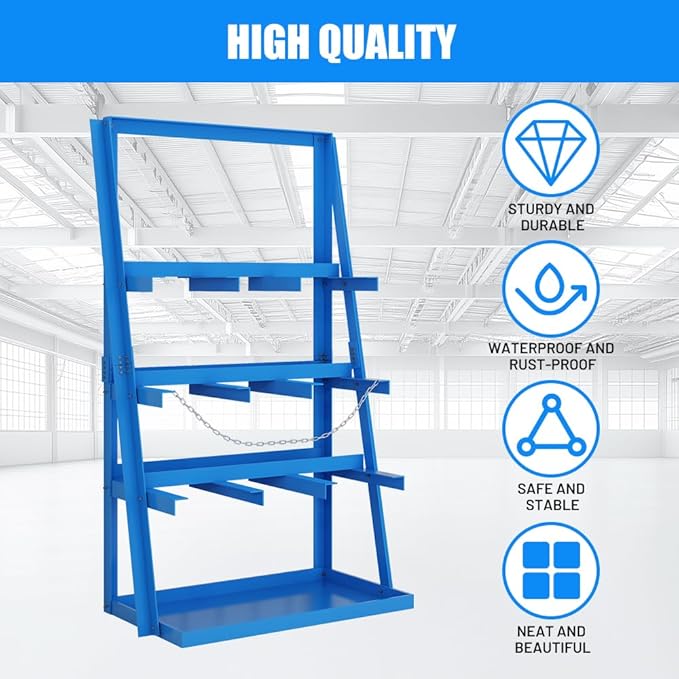 Yeeoy Steel Vertical Bar Rack, Lumber Storage Rack with Safety Chain, Heavy Duty Long Parts Storage Rack, Pipe Organizer Shelf for Garage Workshop Factory, 3000 LB Capacity, Blue