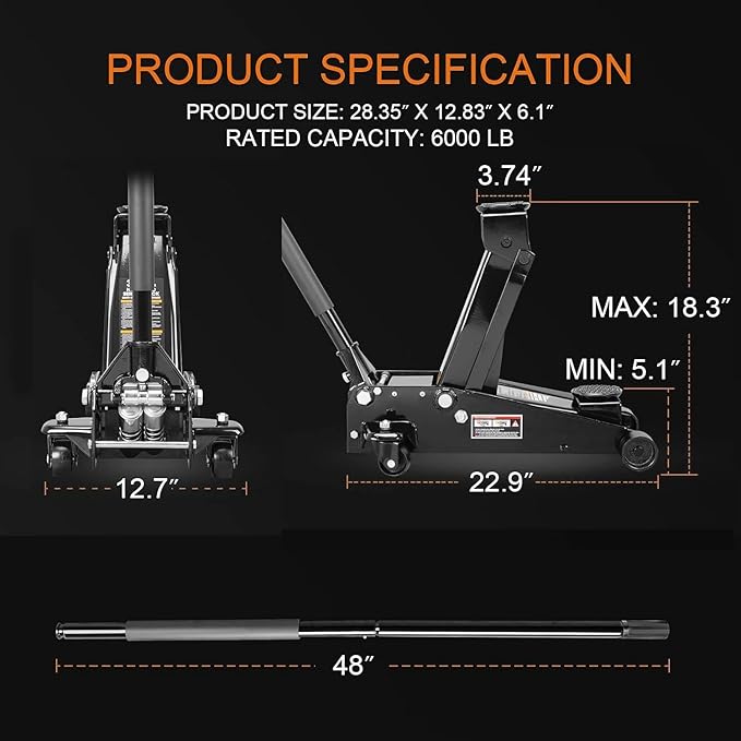 3 Ton Floor Jack Hydraulic Jack for Car with Dual Pumps, Quickly Lift for Cars, SUVs, Vans, Trucks, Heavy-Duty Steel Racing Floor Jack, 6600 lb Capacity