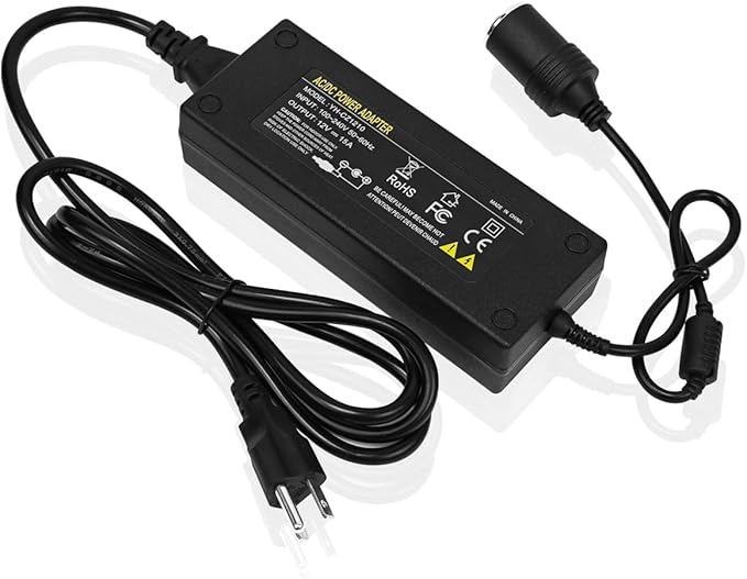 180W AC to DC Converter, 100V ~ 240V to 12V 15A Car Cigarette Lighter Socket AC/DC Adaptor Power Supply for Car Refrigerator, Tire Inflator, Vacuum Cleaner and Other Devices 7.2FT