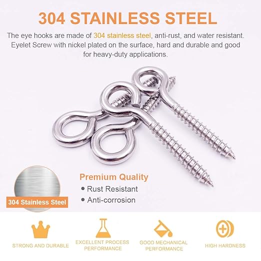 12-Pack 304 Stainless Steel Screw Eyes, Heavy Duty Screw in Eye Hooks Ring for Yoga, Swing Chair, Indoor & Outdoor, Self Tapping, 3.2"