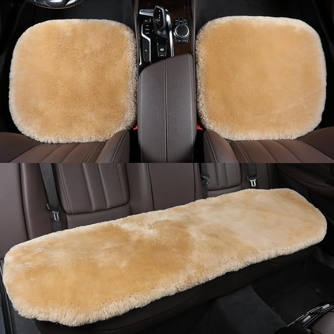 Fluffy Genuine Australia Sheepskin Car Seat Cover for Auto Interior Accessories with Soft Fuzzy Wool Eco-Friendly Natural Fur Non-Slip (Honey Beige, Back)