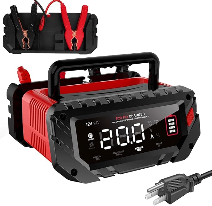 Battery Charger 0-20Amp,12V/24V Lithium,LiFePO4,Lead Acid,Fully-Automatic Smart Car Battery Charger,Trickle Charger, Maintainer/Pulse Repair for Boat, Motorcycle,Suv,Truck,Golf Cart, Lawn Mower