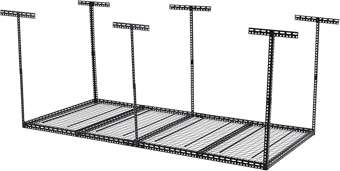Overhead Garage Storage Rack 4x8 FT, Steel Ceiling Shelves 660lb Capacity, Height Adjustable 22-40 Inches, Space-Saving for Attic Basement Shed (Black, 6 Posts)