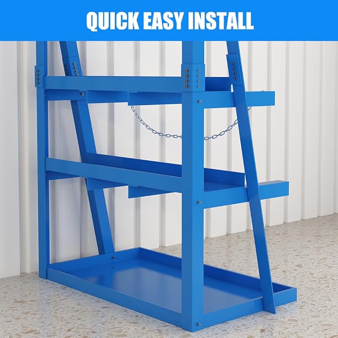 Yeeoy Steel Vertical Bar Rack, Lumber Storage Rack with Safety Chain, Heavy Duty Long Parts Storage Rack, Pipe Organizer Shelf for Garage Workshop Factory, 3000 LB Capacity, Blue