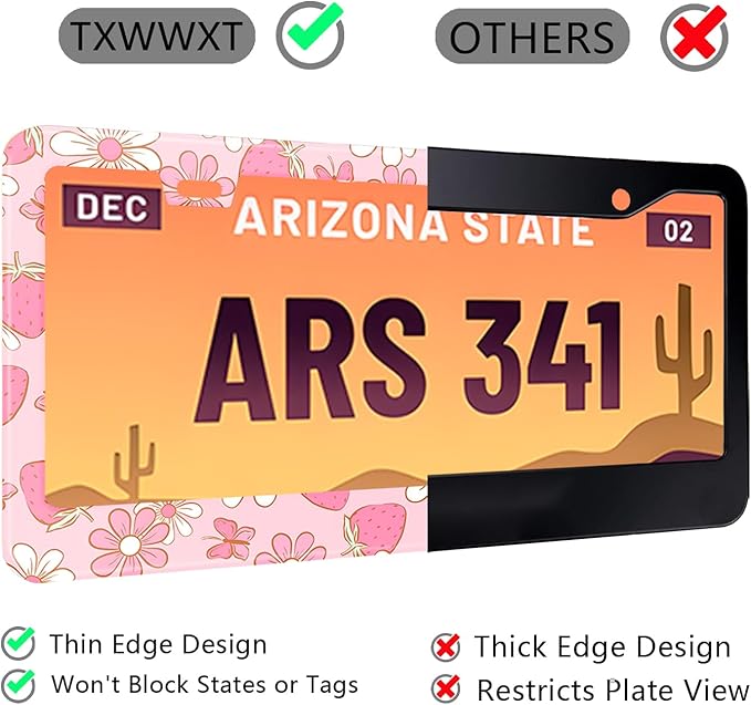 Pink Strawberry Butterfly Floral License Plate Frame Stainless Steel License Plate Frames Holder Covers Rust-Proof Auto Parts Decoration with Screws License Plate Holder for Car Accessories 12x6 Inch