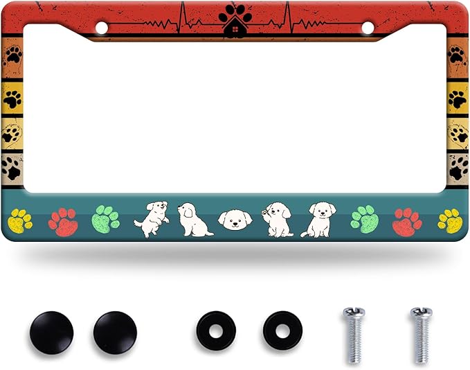 Dog License Plate Frame Cute Dog Paws License Plate Stainless Steel Animal Funny License Plate Holder Personalized Dog Car Accessory Decoration 12.3" x 6.3"for Men Women
