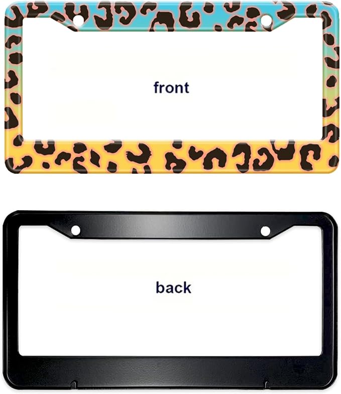Blue Yellow Leopard License Plate Frame, Cheetah Leopar Print Car Accessories Car Tag Frame, Rust-Proof Waterproof Metal Aluminum License Plate Holder for Women Men 2 Holes with Screw Caps
