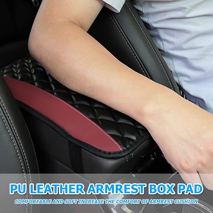 Car Center Console Cushion Pad, Universal Leather Waterproof Armrest Seat Box Cover Protector,Comfortable Car Decor Accessories Fit for Most Cars, Vehicles, SUVs (Wine Red)