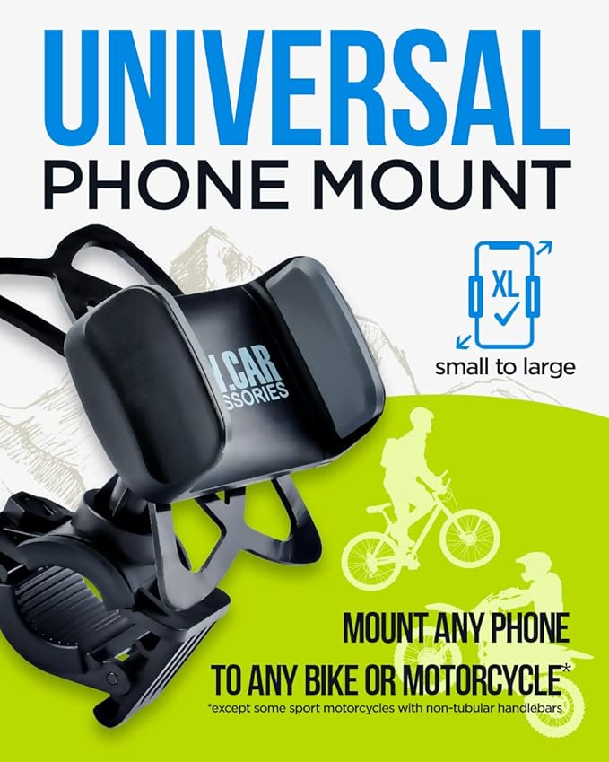 Bike & Motorcycle Phone Mount - for iPhone 16 Pro Max (15, 14, SE, Plus), Galaxy s25 or Any Cell Phone - Universal Handlebar Holder for ATV, Bicycle & Motorbike. +100 to Safeness & Comfort