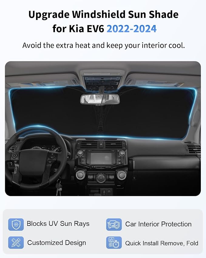 Sunshade for EV6 Windshield Sun Shade Custom Fit for Kia EV6 2022 2023 2024 2025 Accessories 2 Layers Front Window Shield Sun Visor 240T Material Windshield Cover Protector Block UV Rays Heat
