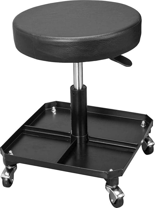 Torin ATR6350B Rolling Pneumatic Creeper Garage/Shop Seat: Padded Adjustable Mechanic Stool with Tool Tray Storage, Black