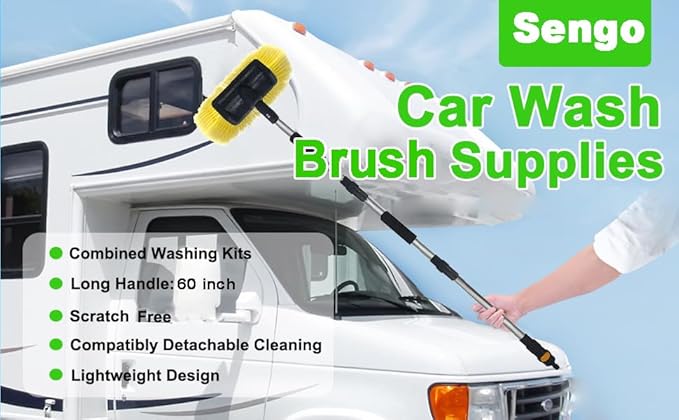 SENGO Car Wash Brush with Long Handle 12'' Lock Soft Bristle Brush car Scrub Brush 60'' Dismountable Pole with on/Off car wash mop Water Flow Through car Brush Clean RV SUV Truck Boat House siding