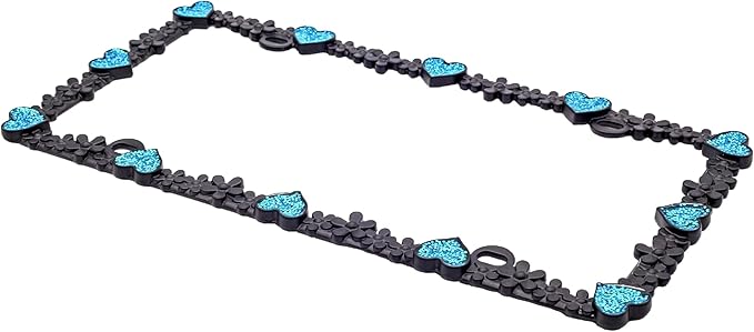 Creathome 3D Shining Daisy Heart License Plate Frame from Pure Zinc Alloy Metal Perfect Plate Holder, Matt Black with Blue Glitter, Luminously Heart