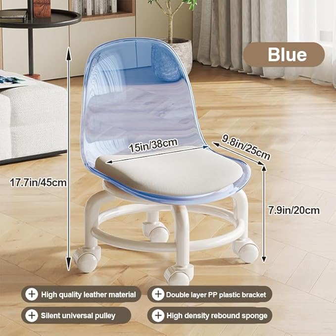 Low Rolling Stool with Wheels,Mini Rolling Garage Stool with Back Support,360° Rotating Floor-Friendly Wheels for Home, Office,Garage & Salon (Transparent Blue)