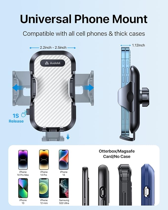 andobil Car Phone Mount [Ultra Stable & Big Phones Friendly] Cell Phone Holders for Your Car Dashboard Windshield Vent Truck, Car Phone Holder Mount for iPhone 16 15 14 13 12 Pro Max Samsung S24 S23