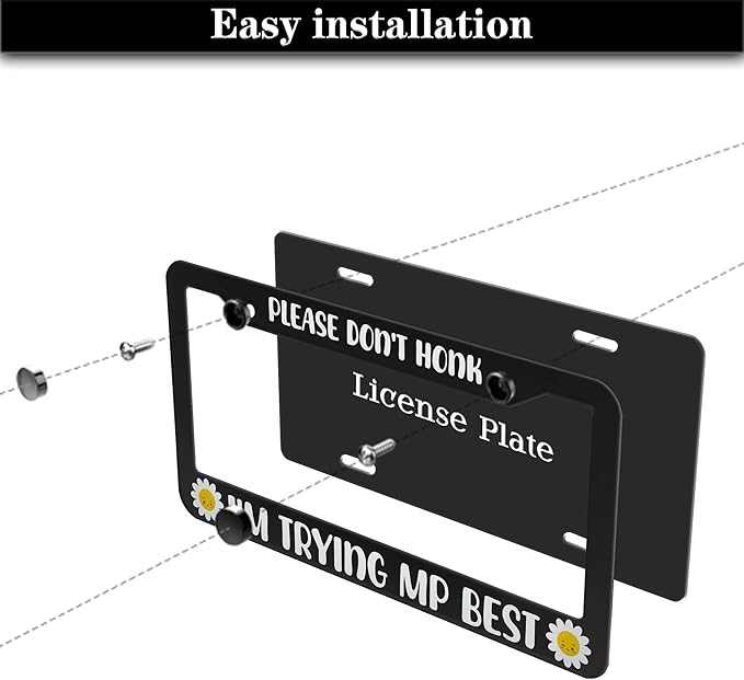 License Plate Cover Black and White License Plate Frames Please Don’t Honk I'm Trying My Best Aluminum Metal Car Accessory 2 Pack with Screw Covers Set