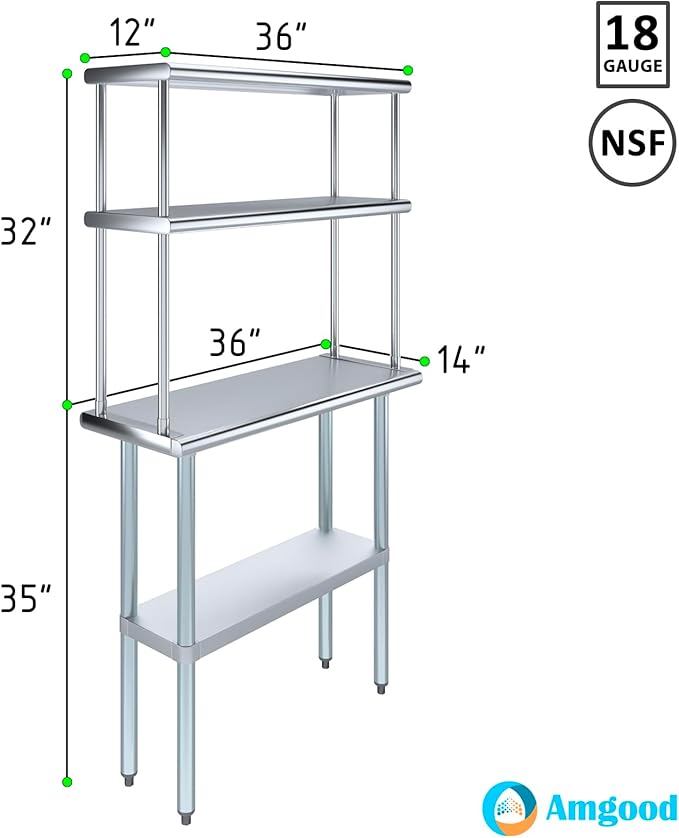 AmGood Stainless Steel Work Table Double Tier Overshelf | NSF (14" x 36" Work Table + 12" Overshelf)