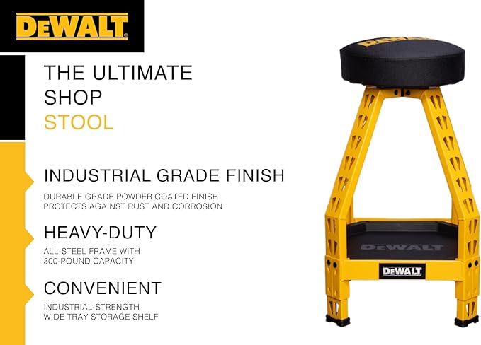 DEWALT Heavy-Duty Metal Stool for Garage and Shop, 360 Swivel Seat, Storage Tray, Padded Rip-Resistant Seat, Steel Frame, Industrial Powder Coating