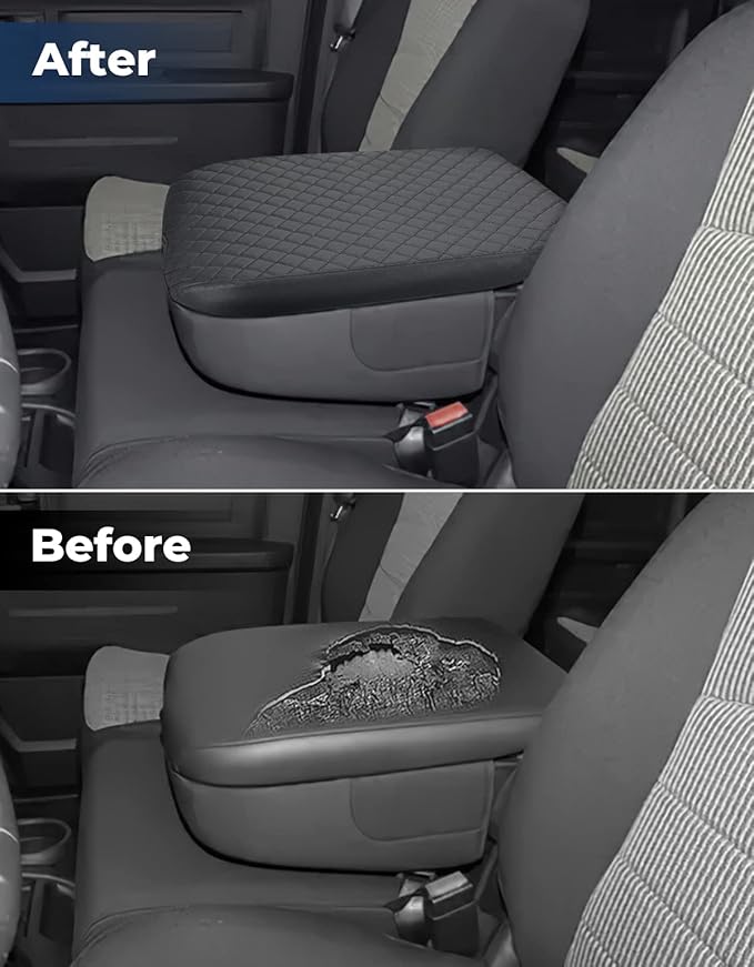 ISSYAUTO Center Console Cover Compatible with 2002-2012 Ram 1500 2500 3500 Jump Seat Console, Armrest lid Cover Leather Arm Rest Covering for Car, Well-Make Durable Middle Console Cover