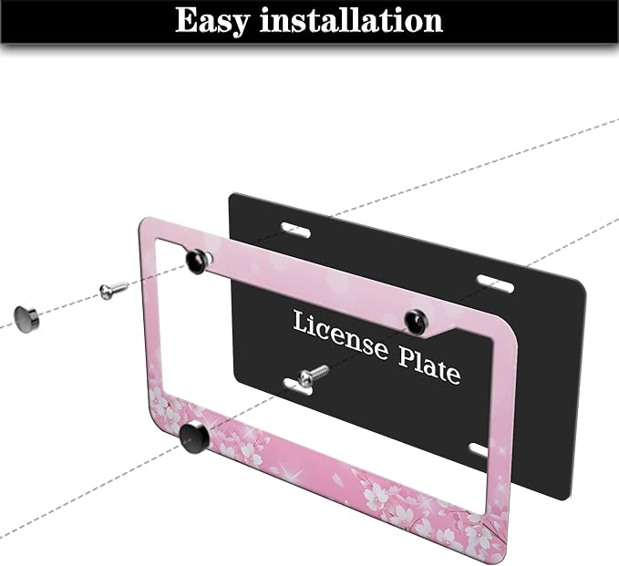 License Plate Frames for Girl Pink License Plate Cover for Women for Men Pink Floral Women Aluminum Metal Car Accessory 2 Pack with Screw Covers Set