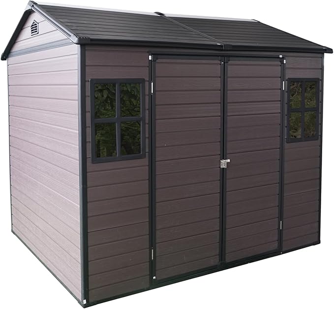 8x6 FT Outdoor Storage Shed with Floor,Waterproof Resin Plastic Bike Shed with Vents & Windows, Lockable Door, Garden Tool Shed Easy to Assembly for Lawn, Backyard, Patio, Brown