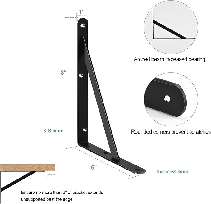 4 Pack L8 x H 6" Black Heavy Duty Shelf Brackets with Screws Metal Shelf Brackets Shelf Support Angle Brackets for Shelves L Brackets Heavy Duty Floating Shelf