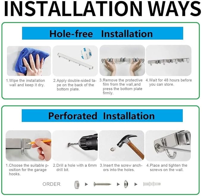 Mop Broom Holder Wall Mount Heavy Duty Adhesive Tools Organizer Rack Stainless Steel with 4 Positions 5 Hooks for Utility Room, Garage, Laundry, Garden, Kitchen, Bathroom, Toilet and Office