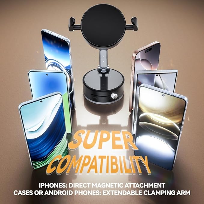 2025 Upgraded Foldable 2-in-1 Clip & Vacuum Magnetic Suction Car Phone Holder Mount, 360° Adjustable Universal Dashboard & Windshield Stand for iPhone 16/15/14/13/12 & Android Phones (Black)