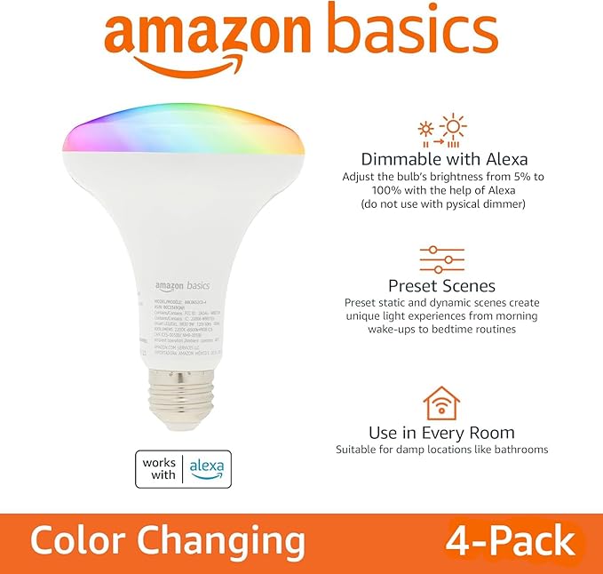 Amazon Basics Smart BR30 LED Light Bulb, Color Changing, 9W (60W Equivalent), 800LM, Works with Alexa Only, 2.4 GHz Wi-Fi, No Hub Required, 4 Pack